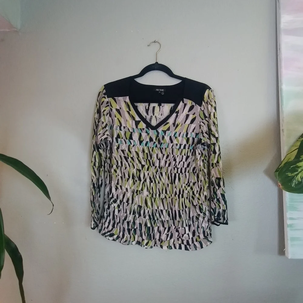 Nic + Zoe Linen Viscose Blend Sheer Knit Mixed Media Casual Silky Sweater Shirt
